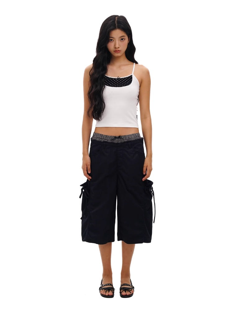 2-in-1 Plaid Satin Ribbon Bow Capri Pants