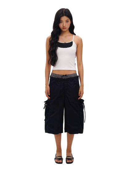 2-in-1 Plaid Satin Ribbon Bow Capri Pants
