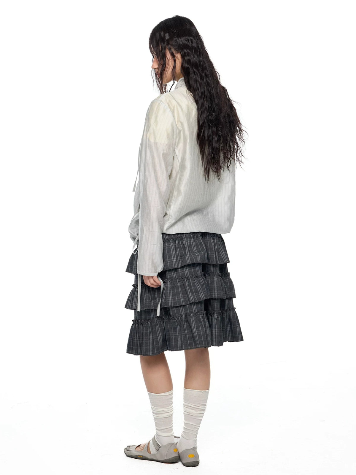 Gathered Tie Plaid Lightweight Blouse