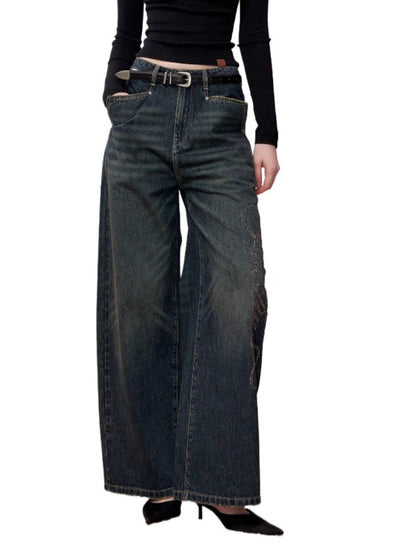Retro Blue Studded Letter Wide-Leg Jeans