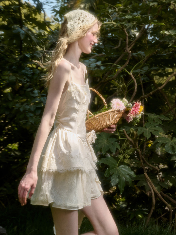Cloud - like Lace Jacquard Little White Dress