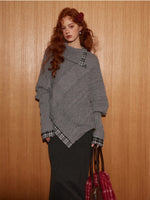 Plaid Patchwork Batwing Sleeve Knit Sweater