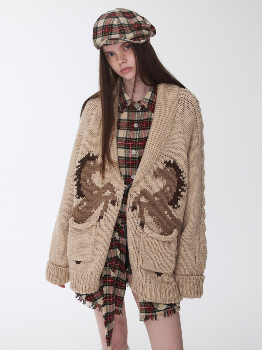 Pony Jacquard Horn-Button Chunky Cardigan