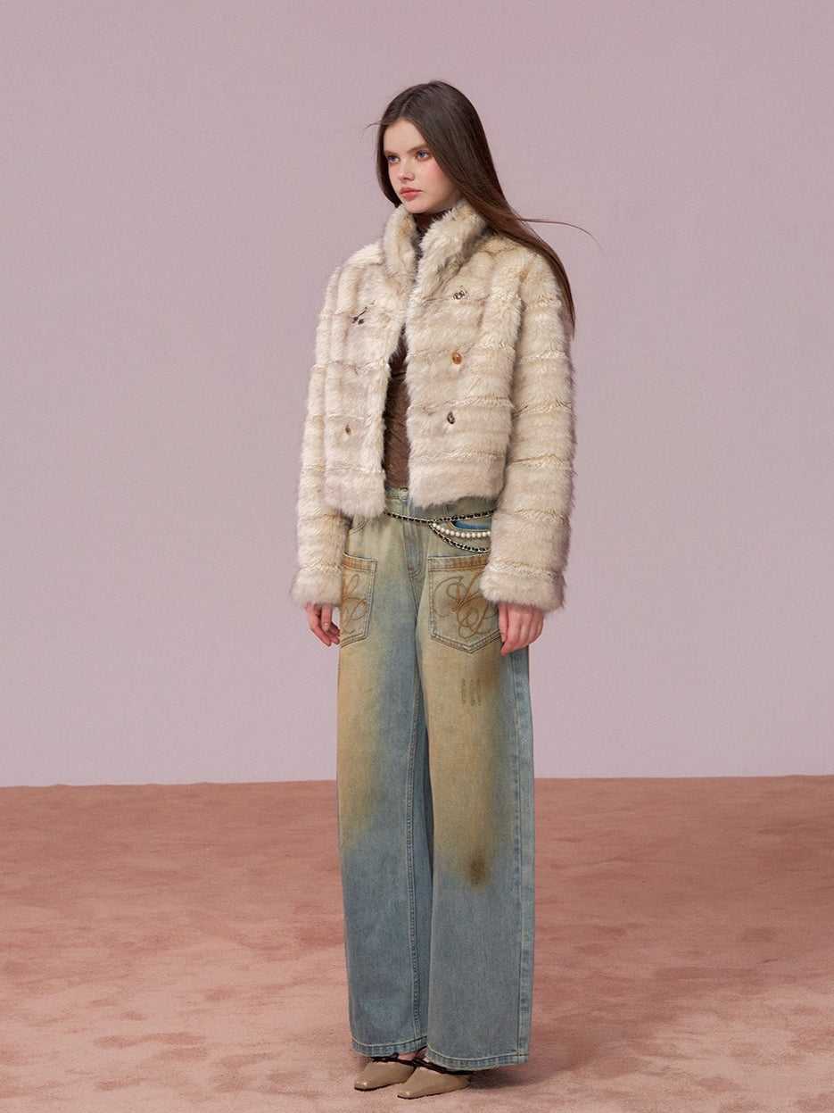 Apricot Double-Breasted Fur Jacket