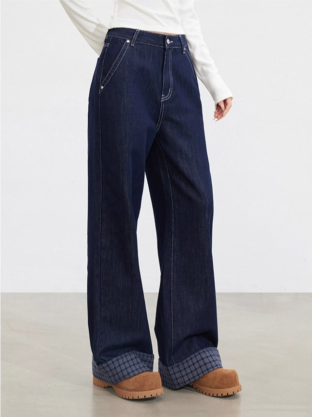 Navy Blue Plaid Patchwork Denim Wide-Leg Pants
