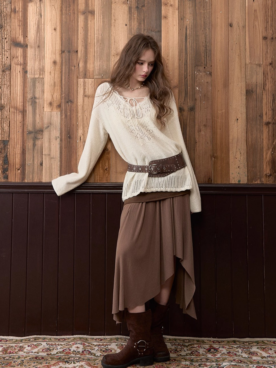 Apricot Lace Trim Knit V-Neck Sweater