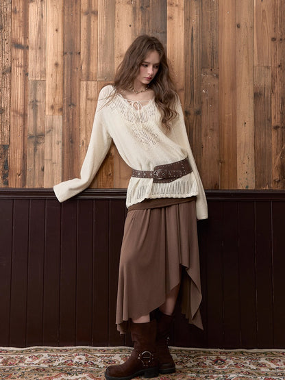 Apricot Lace Trim Knit V-Neck Sweater