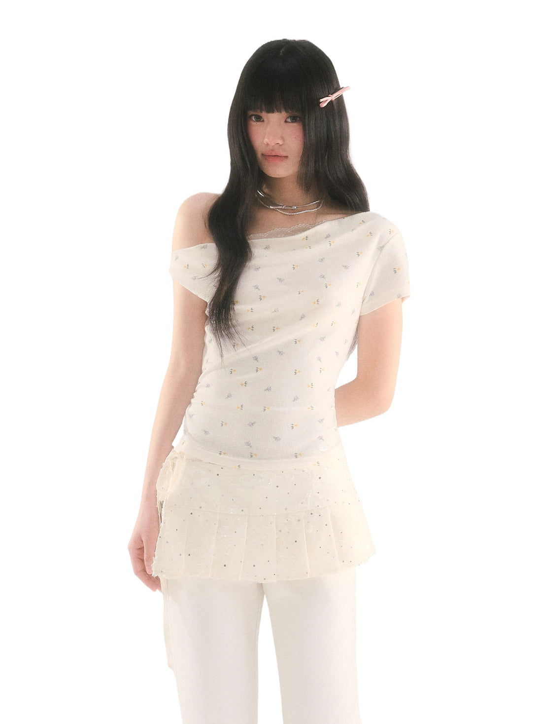 Apricot  Asymmetric Off-shoulder Floral Top