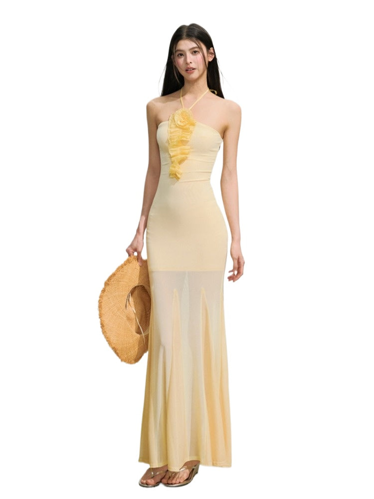 Yellow Floral Halter Waist Dress