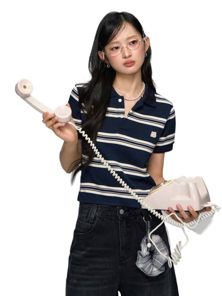 Polo-Collar Striped Color-Blocking T-shirt