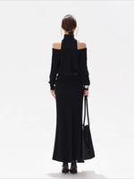 Black Draped Knit High-neck Dress