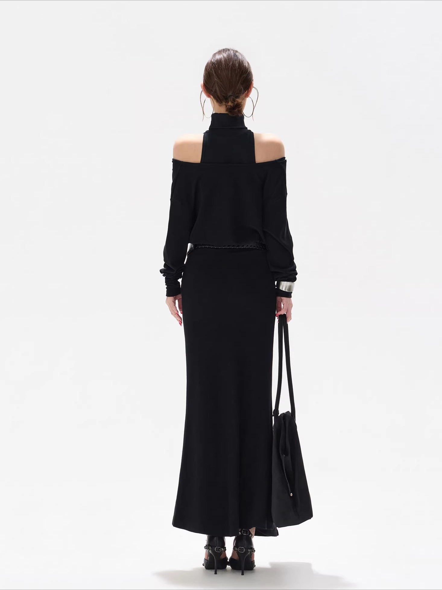 Black Draped Knit High-neck Dress