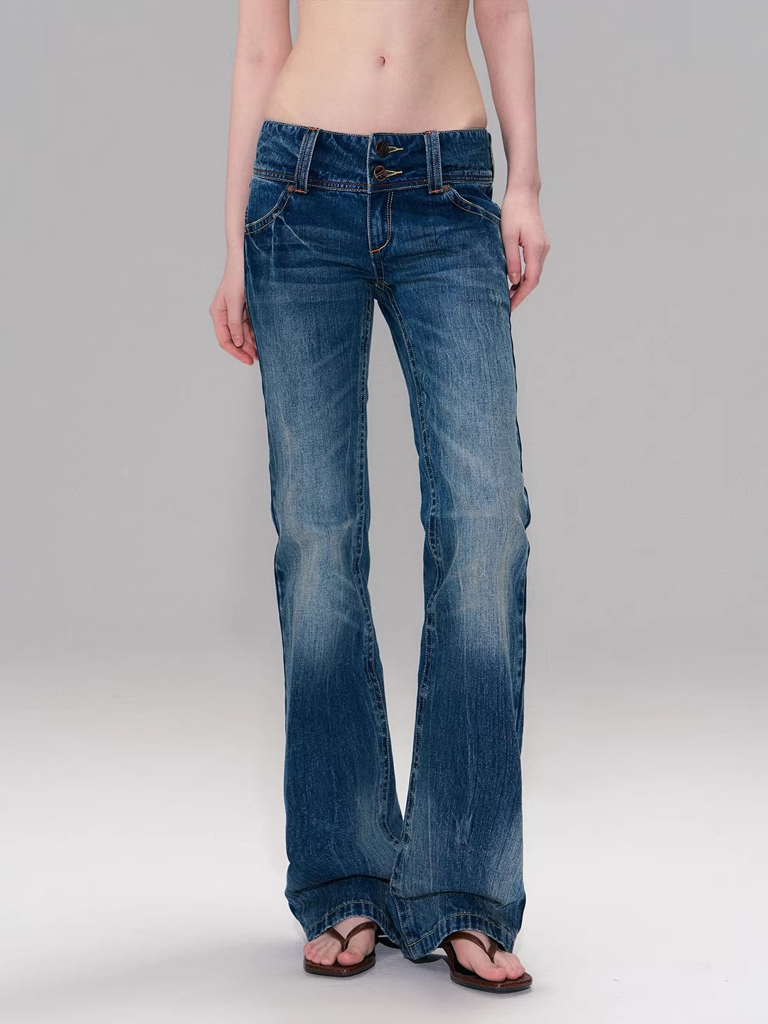 Dark Blue Vintage Hand-Brushed Flare Jeans