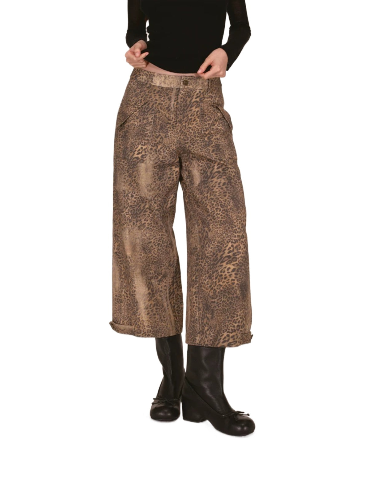 Washed Leopard Print Wide Leg Pants