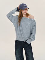 Rhinestone Button Off-Shoulder Sweatshirt
