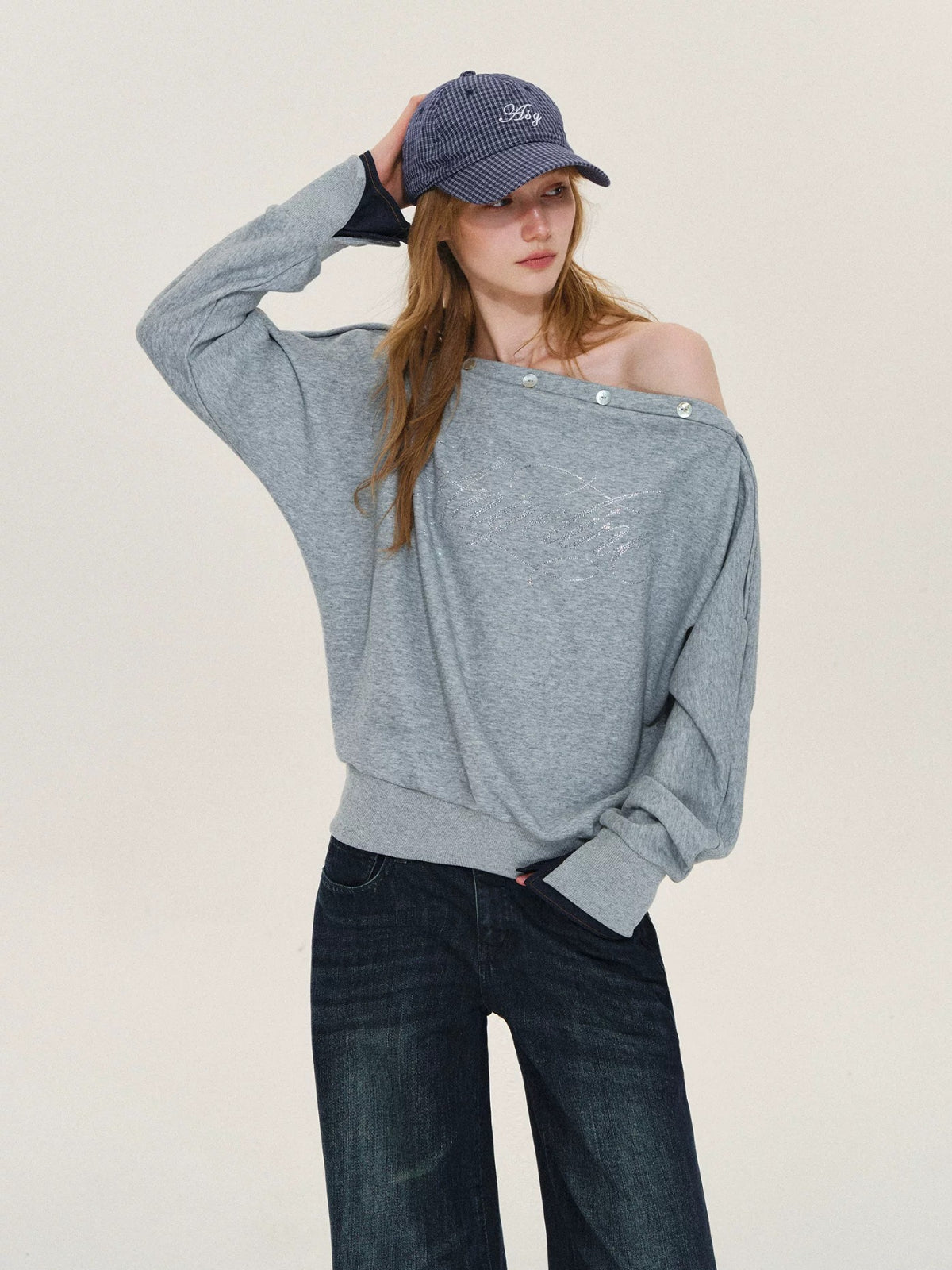 Rhinestone Button Off-Shoulder Sweatshirt