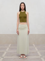 Lyocell Pleated Mid-Low Waist Midi Skirt