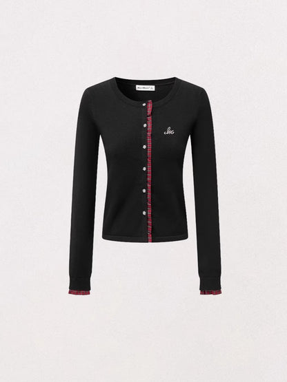 Check Panel Lace Trim Cardigan