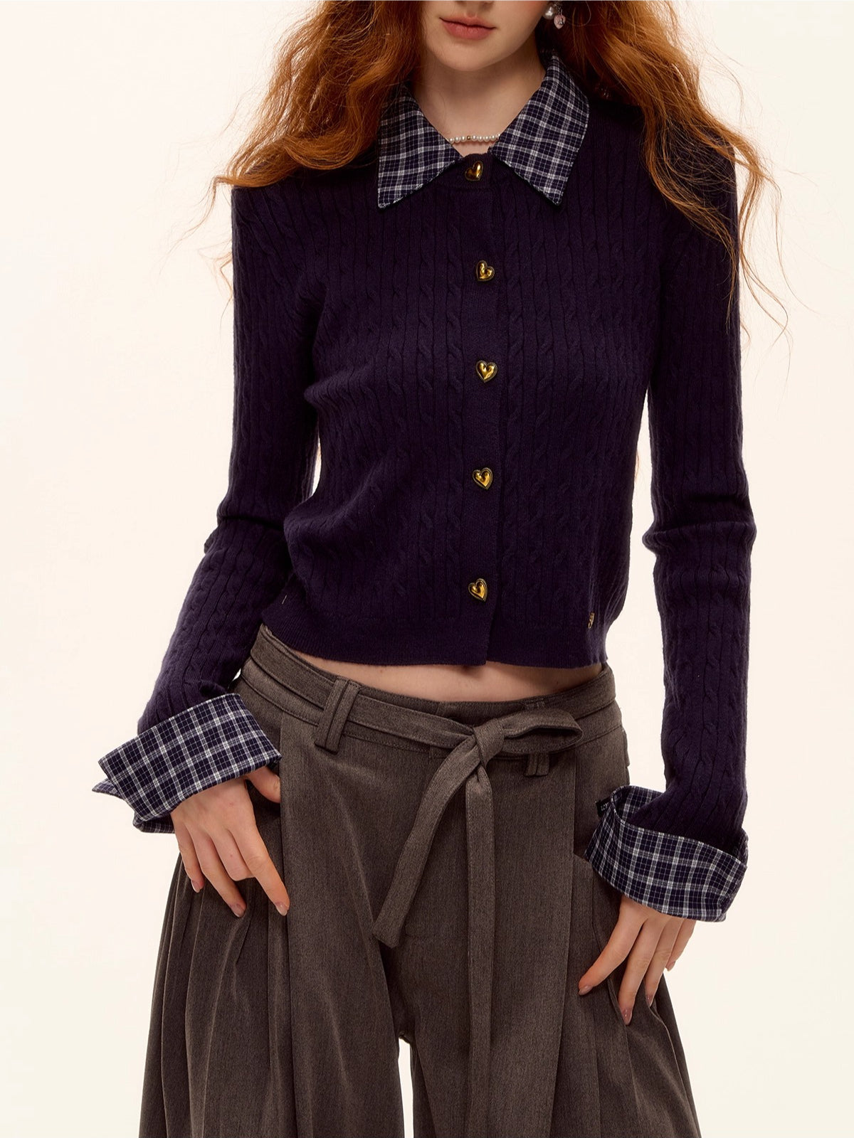 Plaid-Collar Cable Knit Top