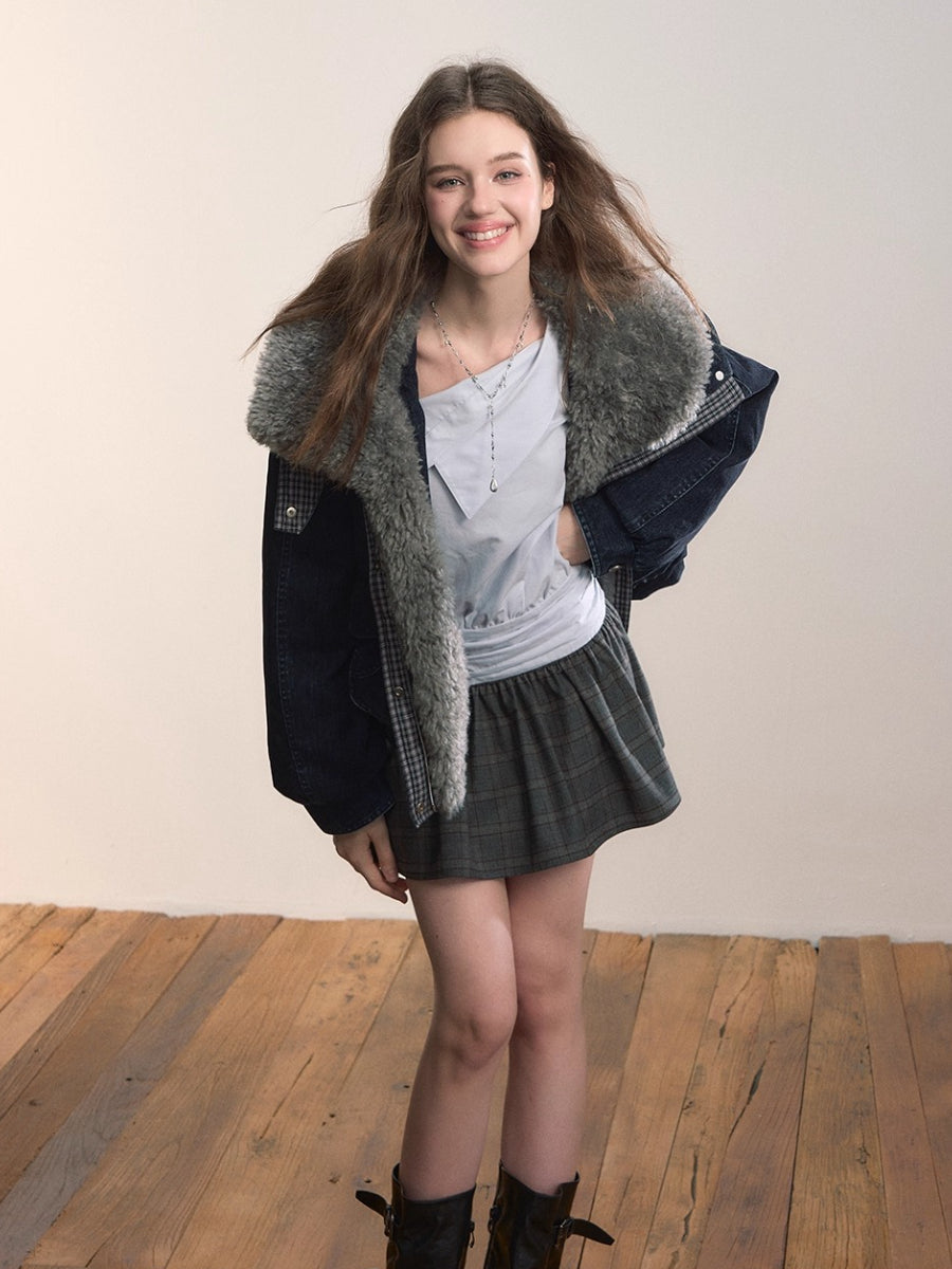 Velvet Denim Oversized Fur Collar Down Jacket
