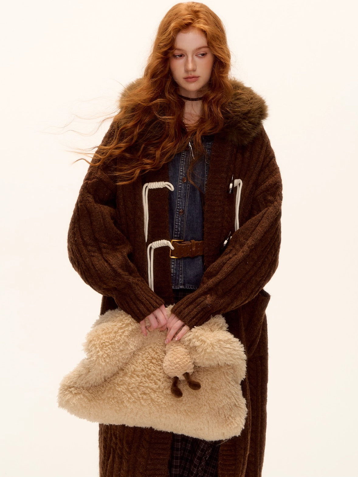 Detachable Fur Collar Cable-Knit Long Cardigan