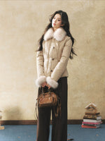 Khaki Faux Fur Collar Puffer Jacket