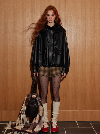 Detachable Bunny Hood Short Leather Jacket