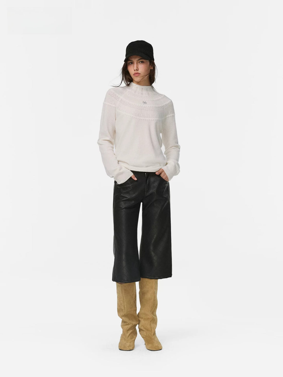 Textured Wool Knit High Neck Sweater