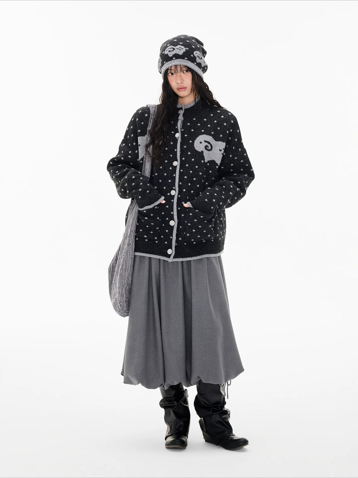 Contrast Sheep Jacquard Knit Cardigan