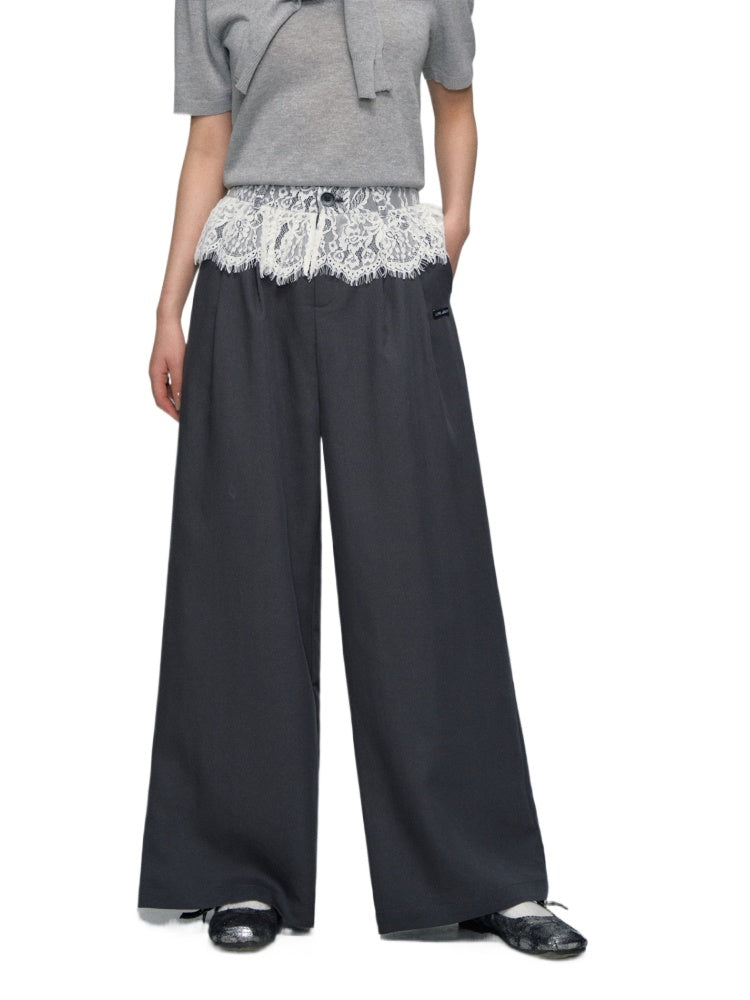 Waistband Lace-spliced Faux Two-piece Long Pants