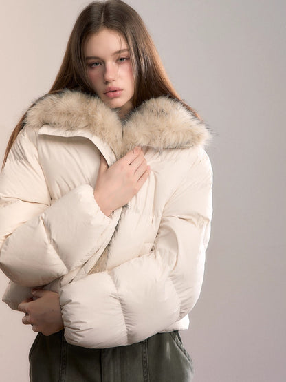 Colorblock Detachable Fur Down Jacket