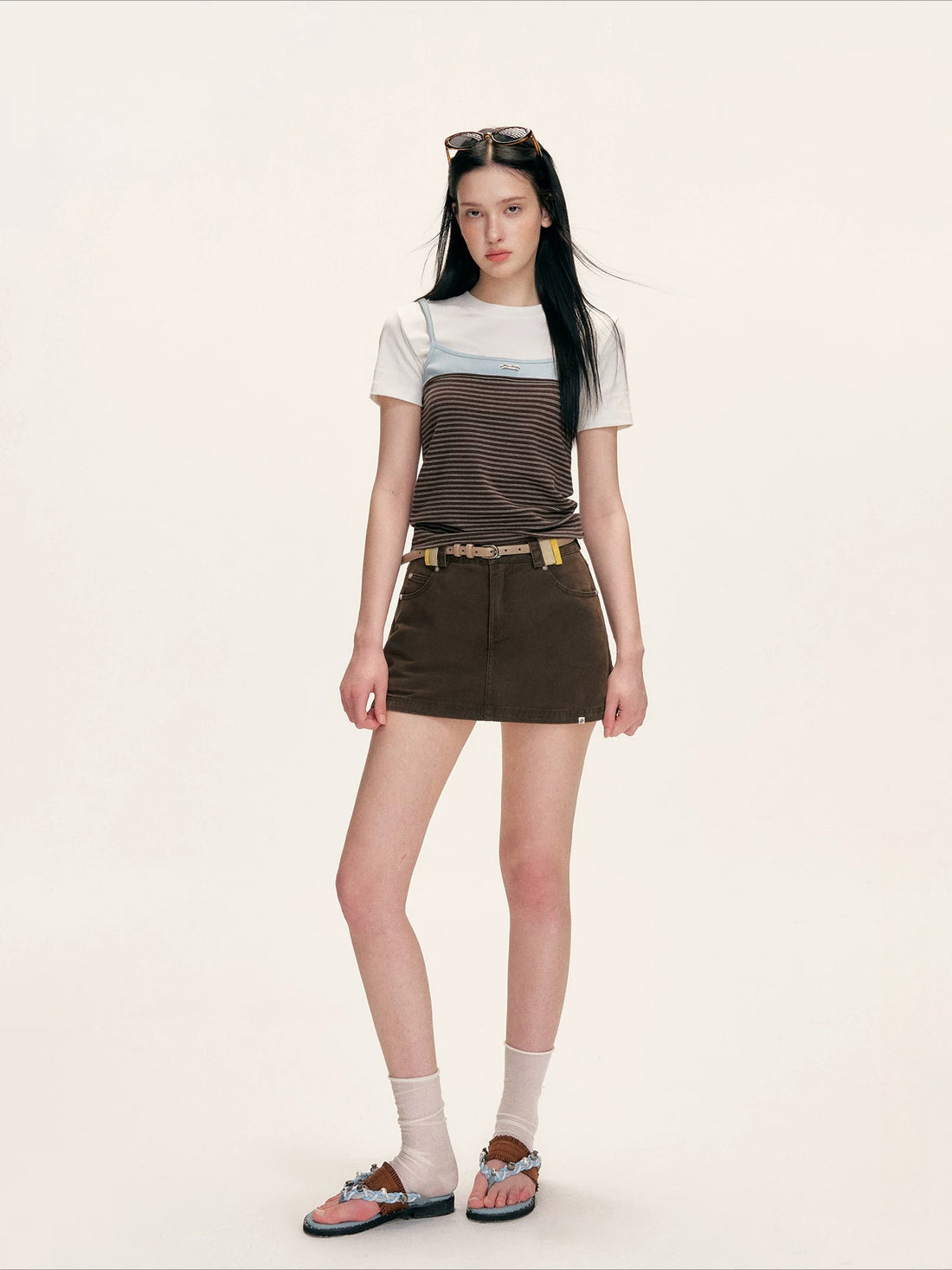 Brown Contrast Waist Denim Skirt