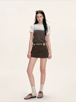 Brown Contrast Waist Denim Skirt