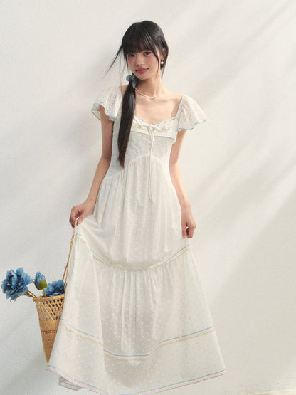White Square Neck Hollow Embroidered Dress