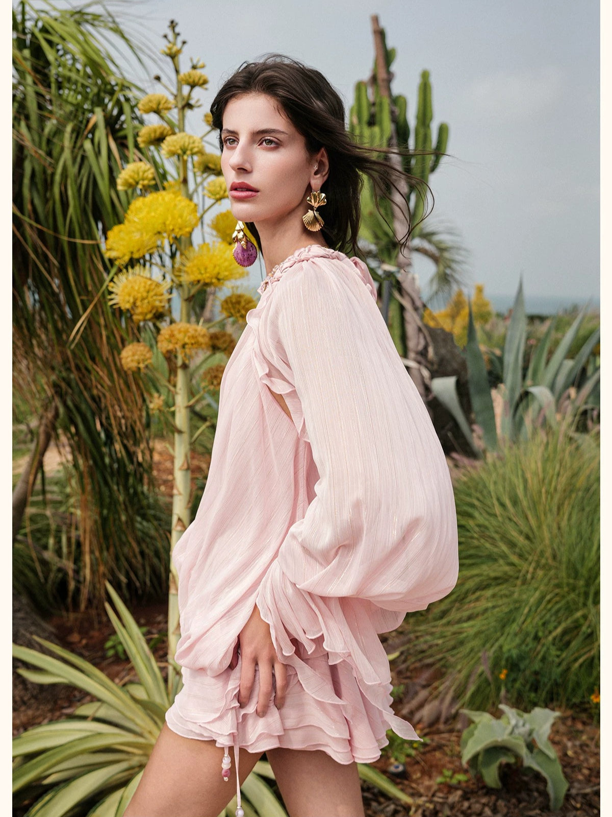Textured Rope Lantern Sleeve Dress