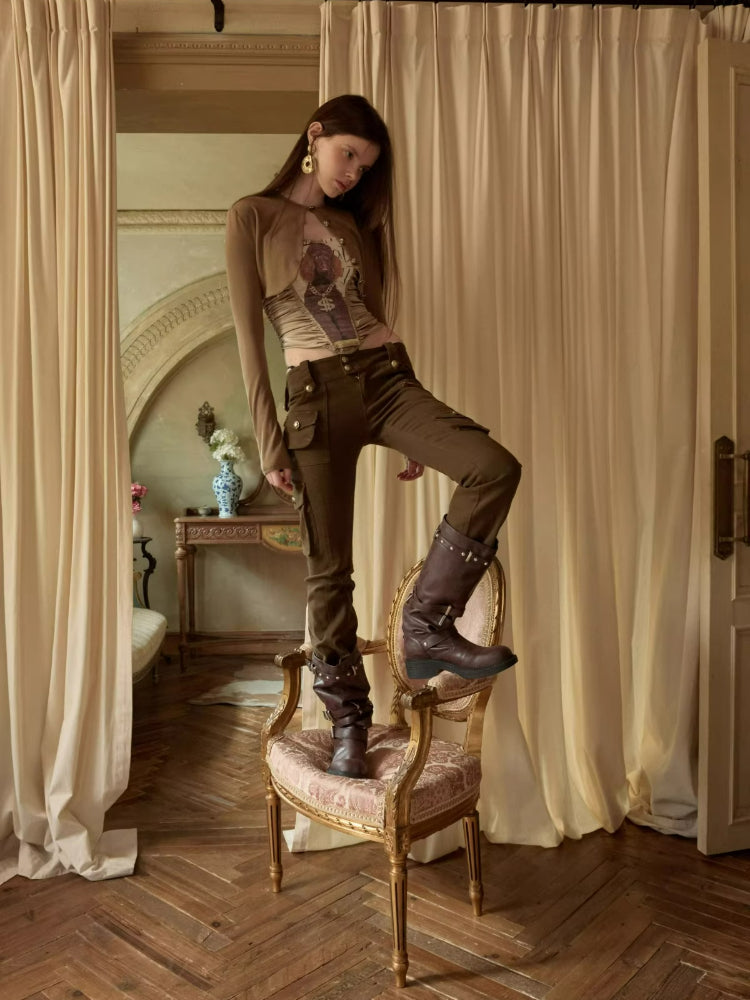 Distressed Stud Strap Mid-Calf Boots