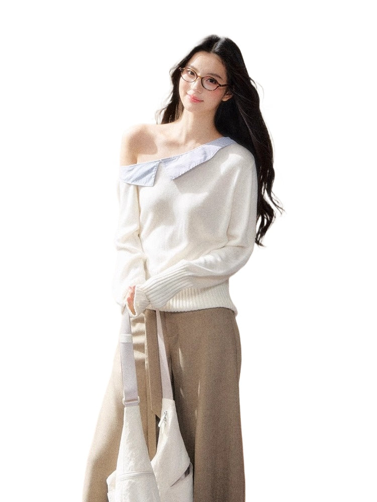 White Off-Shoulder Knit Pullover