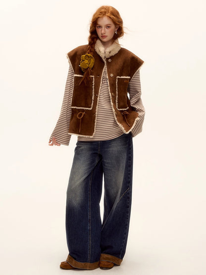 Suede Patchwork Cat-Whisker Wide-Leg Jeans