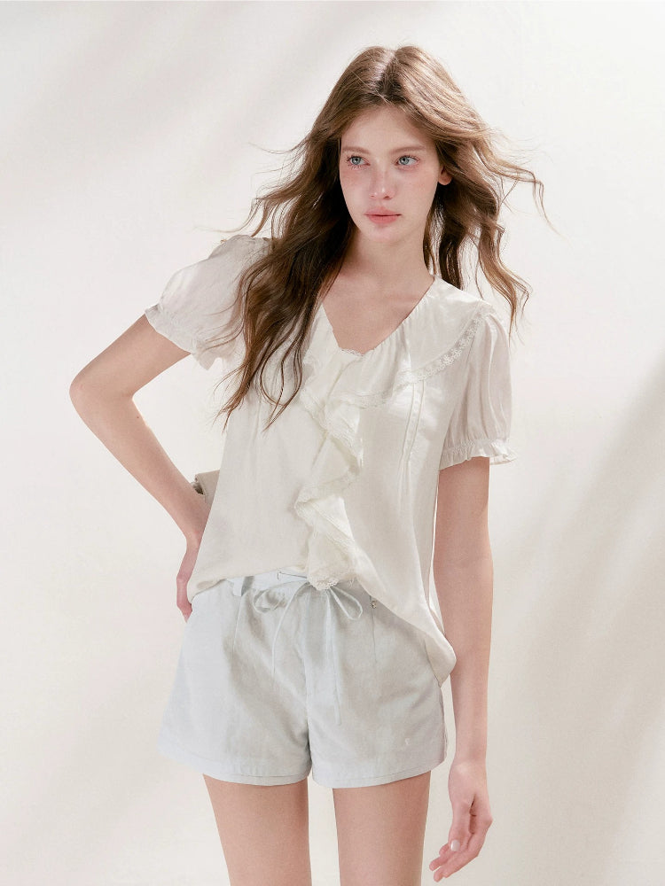 Lace Ruffle V-Neck Top