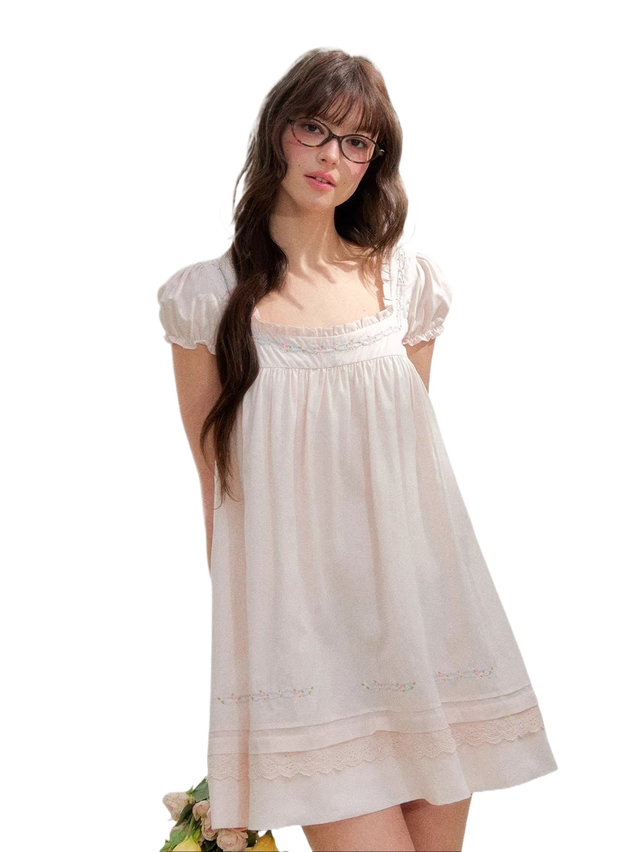 Pink Embroidered Square Neck Dress