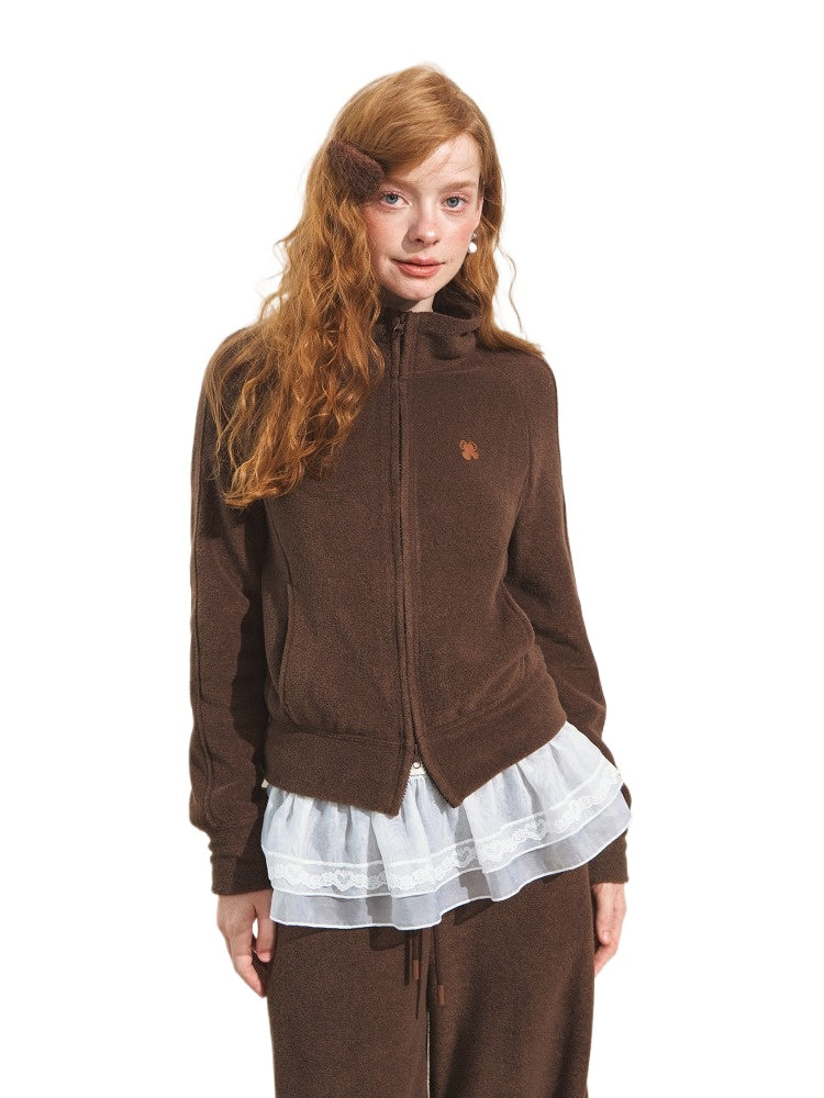 Terry Plush Stand Collar Cardigan & Pants Set