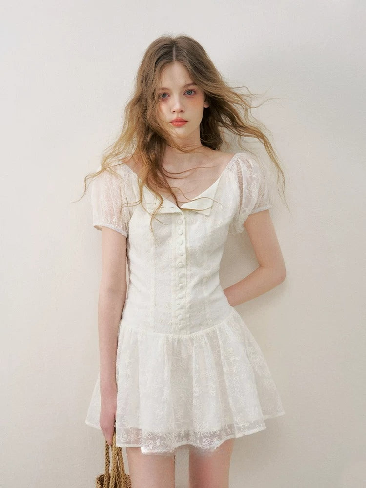 Apricot Floral Embroidered Puff Sleeve Dress