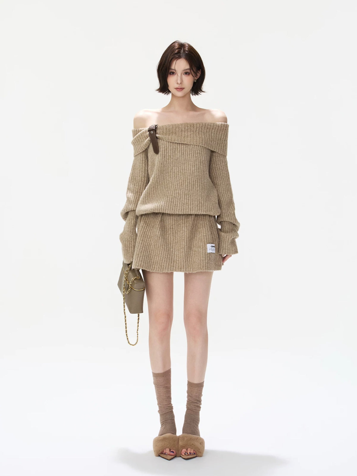 Off-Shoulder Ribbed Wool Blend Mini Dress