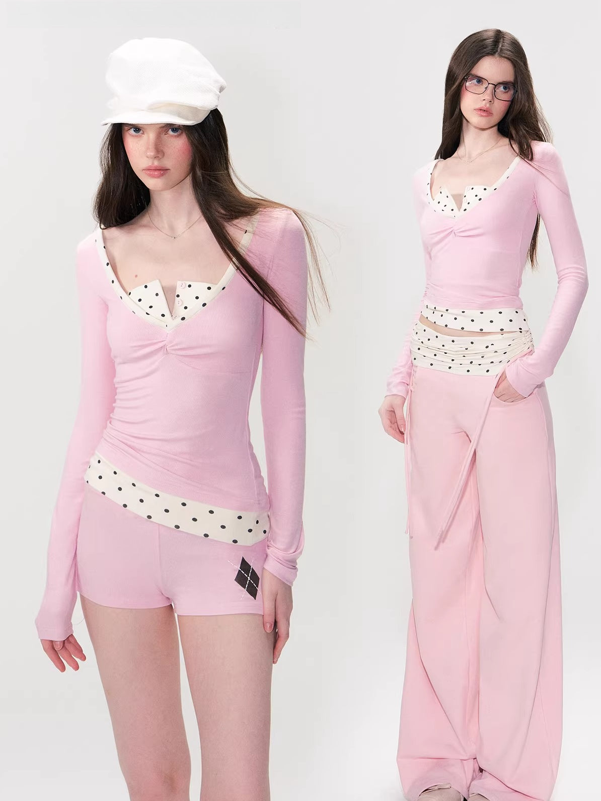 Pink &amp; Gray Polka Layer Tee