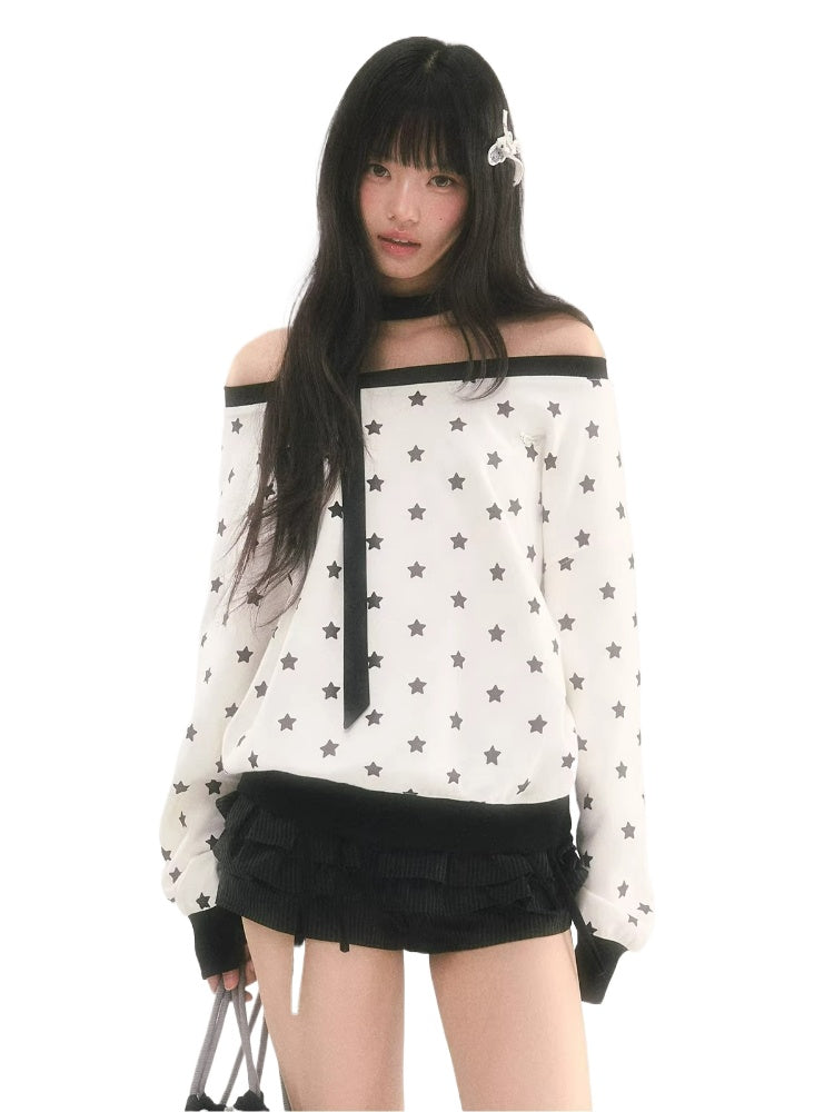 Star Print Off-Shoulder Sweatshirt