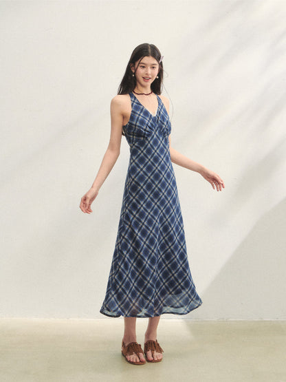 V-Neck Lace Spliced Halter Dress