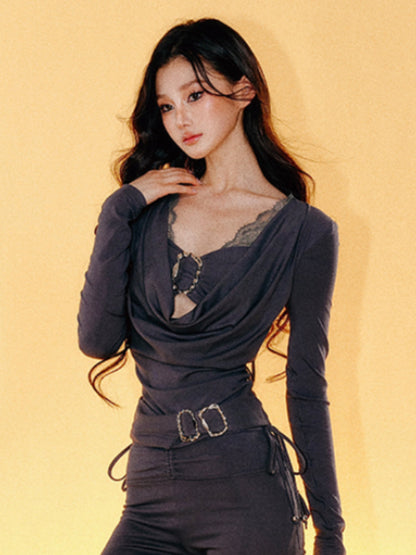 Slim Fit Knit Bell Bottom Pants Knitted Set