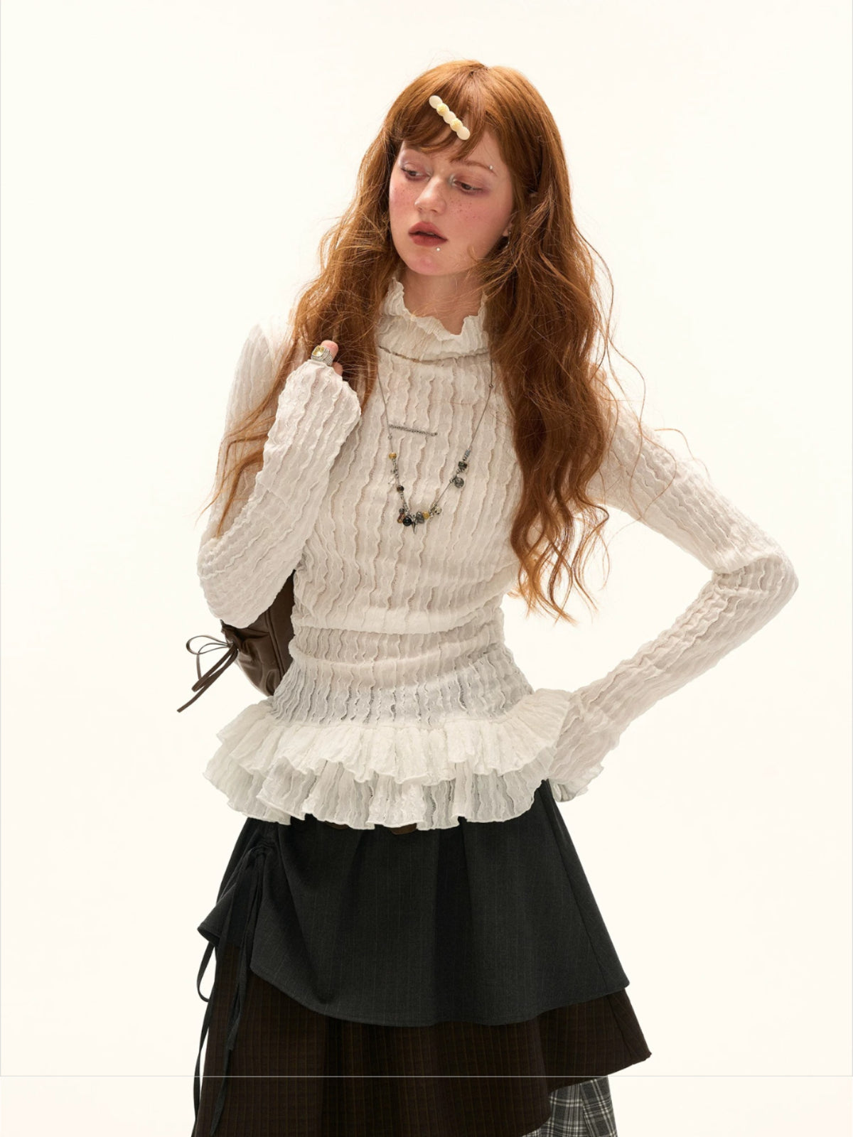 Ruffle High-Neck Slim Long Sleeve Top