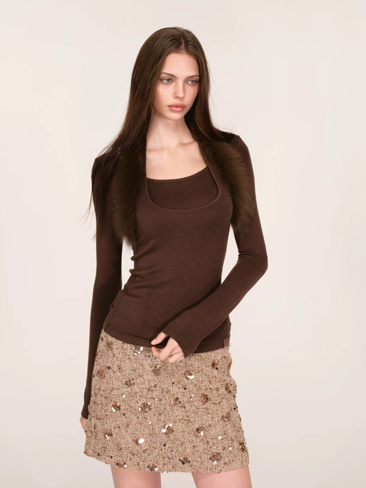 Sequined Contrast Waist Tweed Mini Skirt
