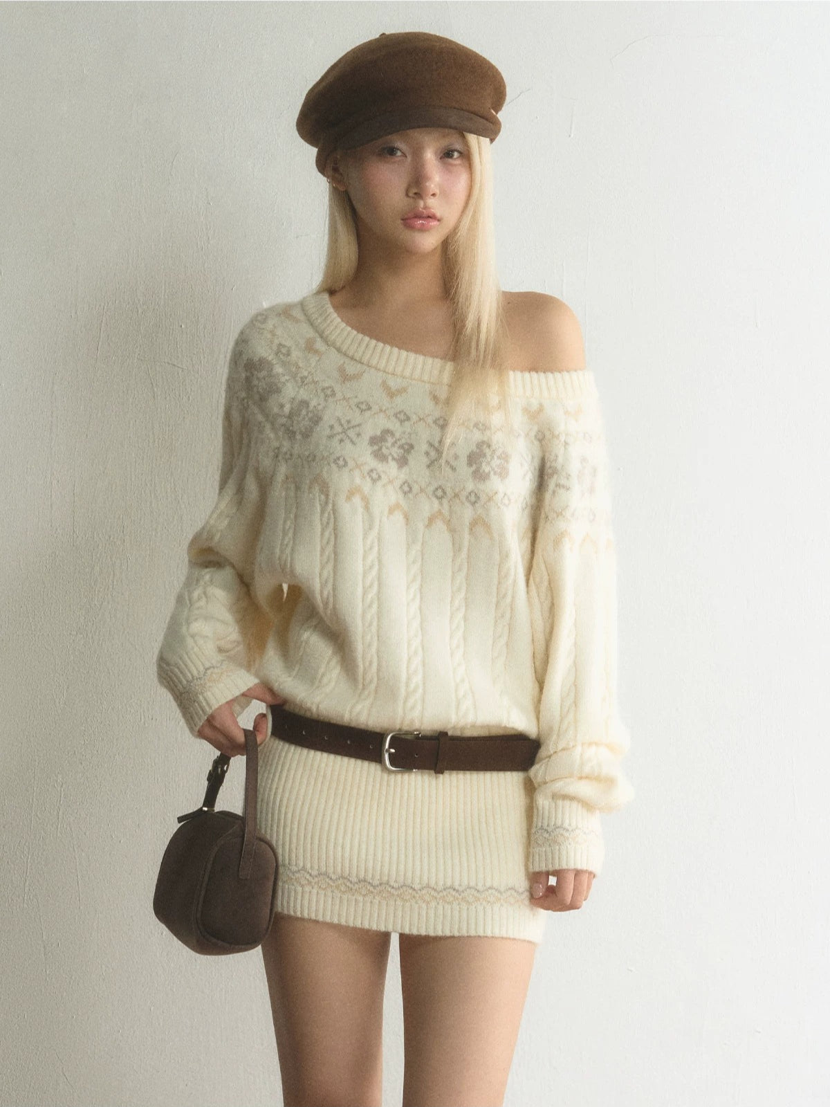 Fair Isle Asymmetric Knit Mini Dress